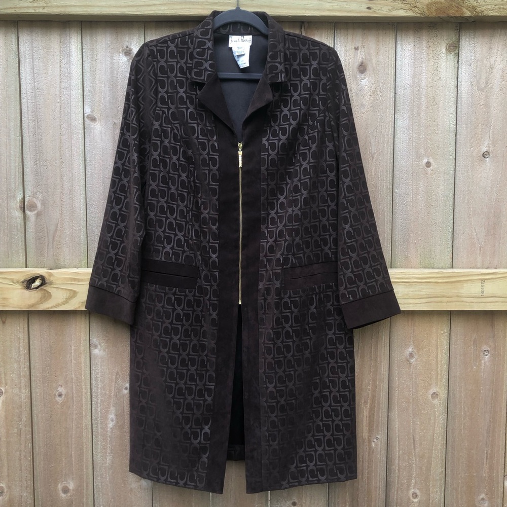 Joseph Ribkoff Dark Brown Patterned Long Coat with Gold Zip Size 12